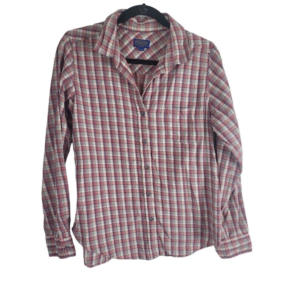 Pendelton Button Front Shirt L Womens Red White Grey 100% Cotton Pocket